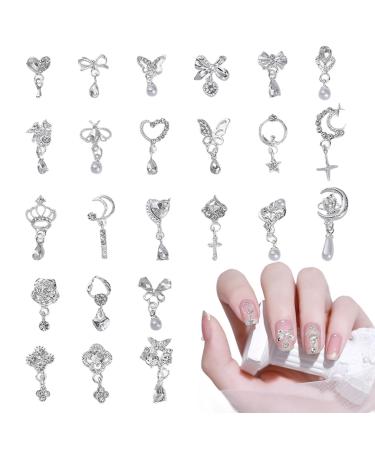 Dangle Nail Charms 24PCS Luxury Heart Flower Moon Butterfly Pearl Bow Nail Gems 3D Silver Alloy Metal Nail Rhinestones and Gems Nail Jewelry for Nail Art Design Decoration DIY Crafts (Silver)