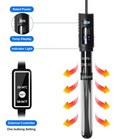 Podazz Aquarium Heater - Immersion Heating 50W 100W 300W with Protective Cover & External Temperature Controller - Safe Quartz Glass for Fish & Turtles - Buy Online on GoSupps.com