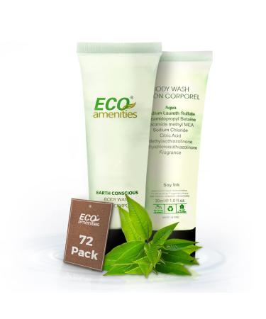 Eco Amenities Travel Size Body Wash 72 Pack 1 oz Small Tubes with Flip Cap Green Tea Scent Bulk Case of Individually Packaged Hotel Size Toiletries Mini Body Wash for Guests of Airbnbs BNBs VRBO Inns and Hotels
