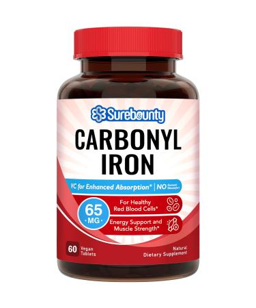 Surebounty Carbonyl Iron with Natural Vitamin C Gentle on The Stomach High Absorption for Red Blood Cell Function Energy Support and Muscle Health Once Daily Vegan 60 Tabs