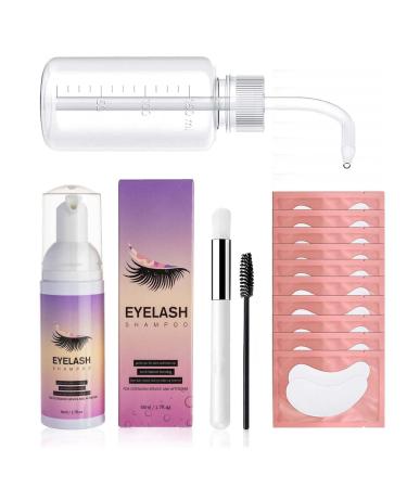 Tongyend Lash Shampoo for Lash Extensions 50ml Eyelash Extension Cleanser+Rinse Bottle+Mascara Wand+Brush+Under Eye Pads*10 Eyelash Extension Shampoo for Eyelashes Extension Remover Salon & Home Use Lash Shampoo-3 IN 1