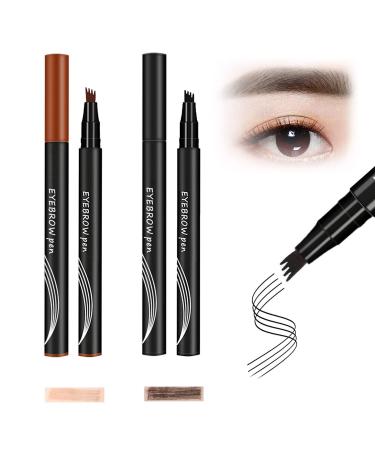 Eyebrow Pen 4-Tip Microblade Brow Pen Microblade Eyebrow Pencil 4 Tip Microblade Brow Pen Waterproof Long Lasting Waterproof and Smudge-Proof Dark Brown+Black