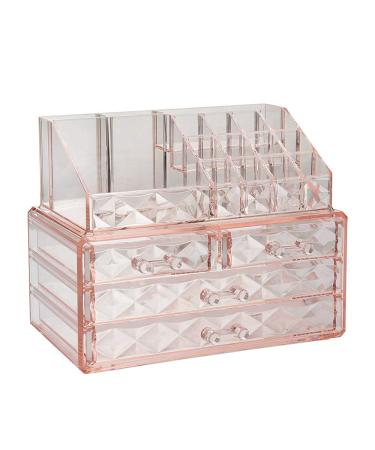 Jewelry and Cosmetic Boxes with Brush Holder - Pink Diamond Pattern Storage Display Cube Including 4 Drawers and 2 Pieces Set Pattern D