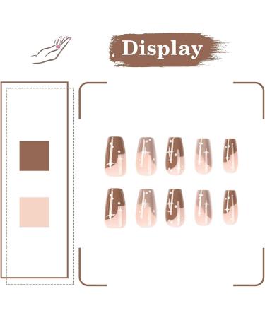 24Pcs Medium Long Coffin Fake Nails - Brown Ballerina Glossy Acrylic with Star Designs | False Stick on Nails for Women - Buy Online on GoSupps.com