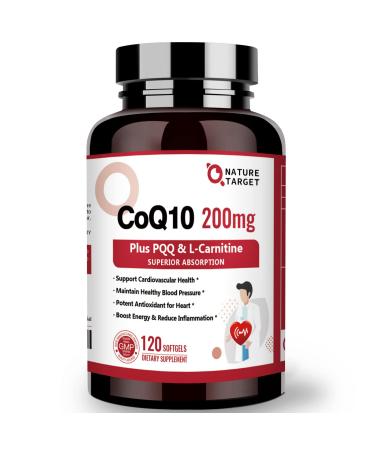 NATURE TARGET CoQ10-200mg with PQQ L-Carnitine & Omega-3s High Absorption Coenzyme-Q10 with BioPerine Supports Heart and Immune System Cellular-Energy-Production 120 Servings