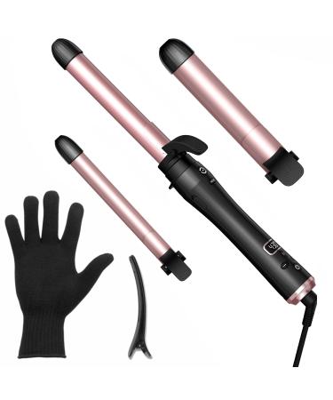 Iamfine Automatic Curling Iron, 3 in 1 Curling Wand Set, Instant Heat Up Hair Curler with 3 Interchangeable Tourmaline Ceramic Barrels (3/4, 1", 1.25"), LCD Heat Display for Beach Waves Black