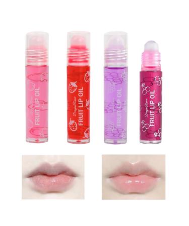 Elitecran Set of 4 glossy lip rolls fruit-flavored lip gloss long-lasting moisturizing clear oil liquid lipstick glitter long-lasting lip balm