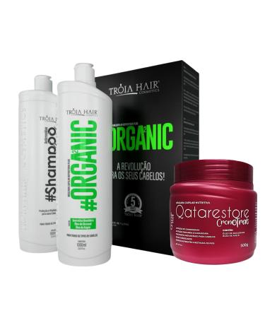 Kit TROIA HAIR Organic Keratin Straightening Treatment & Complete Hair Chronogram Masks 33.8 Fl Oz each (set of 3) (Organic + Qatarestore) Argan Oil Natural
