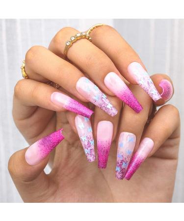 Sethexy long butterfly false fingernails purple coffin false nails ballerina nails sticking sparkle nails with glue 24st acrylic art nail tips to press on for women and girls