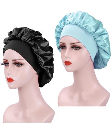 AliLeader 2Pcs Silk Bonnet Set for Curly Hair | Soft Sleep Cap with Elastic Band | Black+Light Green Satin Bonnet for Women - Buy Online on GoSupps.com