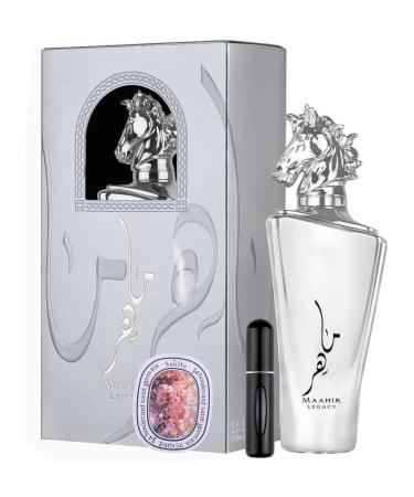 Bundle of Lattafa Perfumes Mahir Legacy 3.4oz Eau De Perfume with 1 Travel Refillable Bottle(5ML) & 1 Scented Car Freshener Card