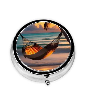 Sunset Beach Hammockround Pill Box 3 Compartment Round Pill Box Organizer # Portable Travel Pill Box for Traveling. Black