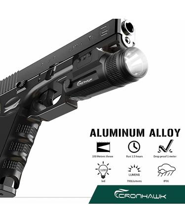 CRONHAWK Rechargeable 700 Lumen Pistol Flashlight - Tactical Weapon Light for Gun, Picatinny Rail Mounted - Black - Buy Online on GoSupps.com