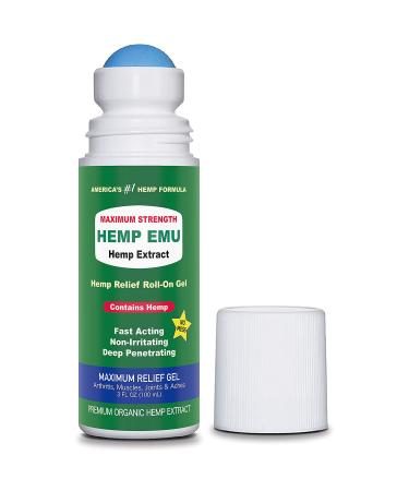 Hemp Emu Roll-On Relief Gel - Made in USA - Natural Hemp Gel Soothes Discomfort in Joints, Muscles, Back, Knees - Premium Hemp Oil Extract, Emu Oil, Menthol, Eucalyptus & Natural Oils - 3oz
