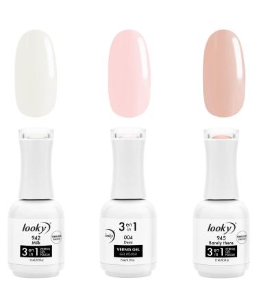 Looky 3-in-1 Gel Nail Polish 3 Pack Nudeitude #942 Milk #004 Demi #945 Barely There Combined Base Color Top Coat Salon Quality Manicure at Home DIY Easy Application Nail Lacquer Enamel Quick UV LED Curing Long Lasting Color 3 x 15ml (Nudeitude #942 Milk #