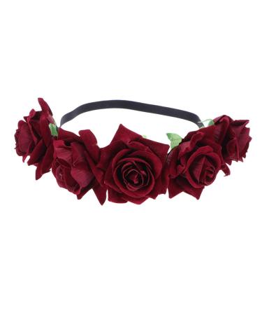 Haircase floral headband hair bands hair accessories garland artificial rose headdress for wedding beach hawaii theme party decoration 7 cm (dark red)