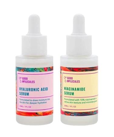 Good Molecules Hyaluronic Acid Serum 1 Oz. and Niacinamide Serum 1 Oz. SET. Brighten  Hydrate and Smooth Skin. Lightweight and Water Based Formula. Vegan and Cruelty Free.