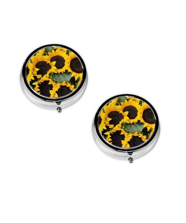 (Sunflowers) Round Pill Box 3 Compartment Pill Box Mini Decorative Pocket Purse Portable Travel Medicine Tablet Vitamin Holder Organizer Pill Case