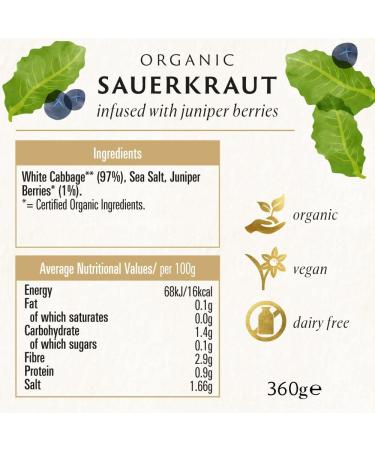 Biona Organic Sauerkraut 350 g, Pack of 6 - Infused with Juniper Berries - Fresh, Naturally Fermented Organic White Cabbage - Pasteurised - High in Protein, Naturally Vegan - No Additives - Buy Online on GoSupps.com