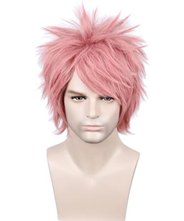 Linfairy Unisex Straight Short Pink Anime Cosplay Wig Halloween Costume Wig for Men
