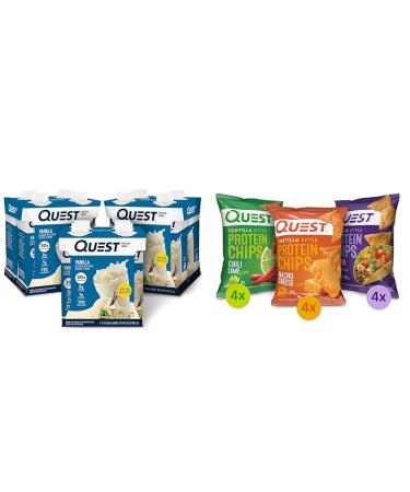 Quest Protein Shake Vanilla 11 Fl Oz 4 Count Pack of 3 and Protein Chips Chili Lime Nacho Cheese Loaded Taco Variety Pack