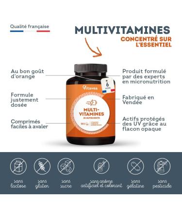 Multivitamins and Minerals | 25 Nutrients Including Vitamin A B C D E Zinc and Iron | 180 Tablets | Immunity Fatigue Hair Skin | Multivitamins for Men and Women | Made in France | Vitavea - Buy Online on GoSupps.com