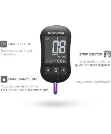 KetoSens Blood Ketone Monitoring Starter Kit with Bluetooth | Ideal for Keto Diet | Includes Meter, 10 Test Strips, Control Solution, Lancing Device, Lancets & Travel Case - Buy Online on GoSupps.com
