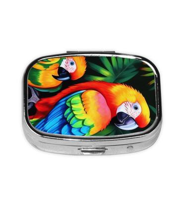 Colored Parrot Printing 2 Compartment Small Pill Case Cute Small Pill Box Purse Pill Boxs Travel Pill Organizer for Pocket Purse and Travel Gifts