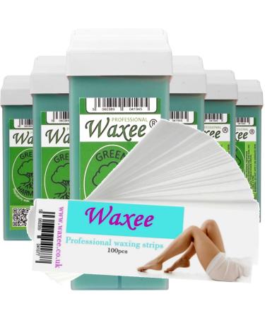 6x 100ml roll-on wax roller wax cartridge refill + 100 waxing strips from UK brand Waxee!- Green Harmony- TOP FORMULA
