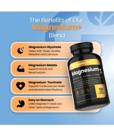 Genetic Vitals Triple Magnesium Complex 300mg - High Absorption Magnesium Glycinate Taurate & Malate - Gluten-Free & Vegan - 120 Capsules - Buy Online on GoSupps.com