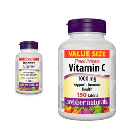 Webber Naturals Digestive Enzymes 90 Tablets Digestive Support Vegan & Vitamin C Timed Release 1000 mg 150 Tablets For Bones Teeth Immune and Antioxidant Health
