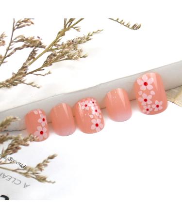 Cherry Blossom Flower Press on Nails - Short Pink Square Fake Nails with Nail Glue | French Acrylic Full Cover False Nails for Women & Girls - 24PCS - Buy Online on GoSupps.com