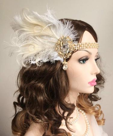 Chmier Bridal 1920s Flapper Feather Headband with Crystal Pearl Head Chain White Feather Roaring 20s Headpiece Prom Party Festival Gatsby Hair Jewelry for Women and Girls