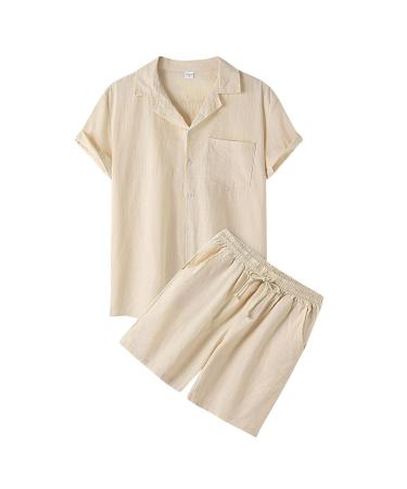 GXLONG Mens Casual Cotton Linen Set Short Sleeve Linen Shirt Drawstring Shorts 2 Piece Pajama Sets Loungewear Beach Yoga Set XX-Large Khaki