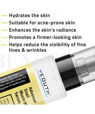 YEOUTH Snail Mucin Serum for Face - 2024 Advanced Brightening Essence with Hyaluronic Acid 3.4 oz | Shop Internationally for Hydrating Skin Care - Buy Online on GoSupps.com