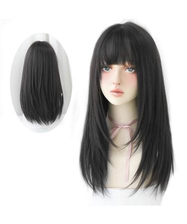HUAISU Long Black Straight Hair Wig with Bangs Synthetic High Density Long Hair Wig for Women