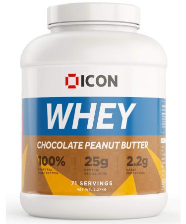 ICON Nutrition Grass Fed Whey Protein Powder 2.27kg 71 Servings - Chocolate Peanut Butter 100% Whey Protein - 5 Flavours Available Inc Choc Peanut Butter - 25G Protein Per Serving and Under 2G Carbs Chocolate Peanut Butter 2.27 kg (Pack of 1)