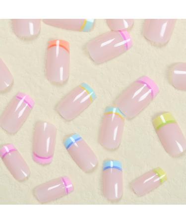 French Tip Press-On Nails - Square Short False Nails with Double Line Colour Tips | Rainbow Acrylic Squoval Design - DIY Full Cover Manicure for Women & Girls - Buy Online on GoSupps.com