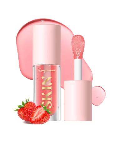 BANGFENG Big Brush Head Hydrating Lip Glow Oil Plumping Lip Tint  Hydrating Lip Gloss Tinted Lip Balm Transparent Lip Care  Long Lasting Moisturizing Non-sticky Fresh Shiny Texture Lip Oil - Strawberry (Pink)