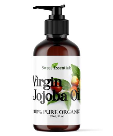 Premium Organic Unrefined Jojoba Oil 8oz with Pump Imported from Argentina 100% Pure Cold Pressed - for Hair Skin & Nails - Best Natural Moisturizer - Hexane Free by Sweet Essentials 8 Fl Oz (Pack of 1)