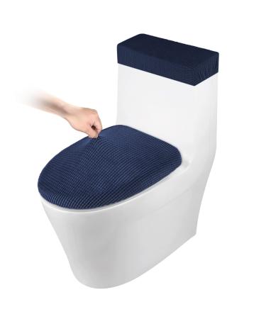 Toilet Lid Cover and Toilet Tank Cover Stretch Toilet Covers Set for Bathroom, Polyester Spandex Jacquard Fabric, Machine Washable, with Elastic Bottom, Navy Blue