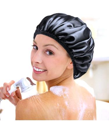 Black G.traveller Large Triple Layer Terry Cloth Shower Cap | 100% Waterproof Microfiber Bonnet for Women | Reusable & Silky Satin Lining - Buy Online on GoSupps.com