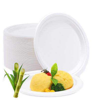 Heavy Duty Disposable Plates Compostable Paper Plates 100-Pack 9 Inch Plates - Eco-Friendly Biodegradable Sugarcane Bagasse Heavy Duty Paper Plates White Paper Plates for Party