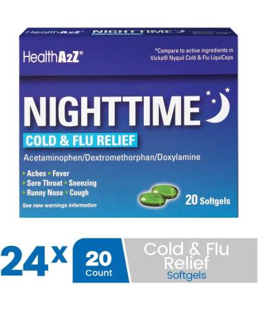 HealthA2Z Nighttime | Cold & Flu Medicine | Powerful Multi-Symptom Nighttime Relief | 20 Softgel (Pack of 24) | Value Pack - Buy Online on GoSupps.com