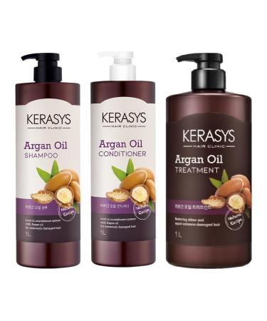 Kerasys Argan Oil Real Nature for Extremely Damaged Hair 33.8 fl oz / 1L (Shampoo + Conditioner + Treatment Set)