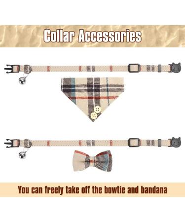 Classic Plaid Bow Tie Cat Collar with Bell - 2 Pack Adjustable Collars for Cats and Small Dogs - Beige Plaid Design - Buy Online on GoSupps.com