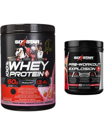 Whey Protein Powder + Creatine Monohydrate 4 lbs & Six Star Preworkout Explosion Pre Workout Powder for Men & Women with Creatine Monohydrate & Beta Alanine for Energy (30 Servings)