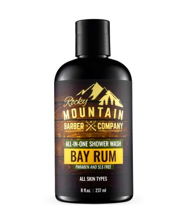 Rocky Mountain Barber Company Bay Rum All-In-One Body Wash - Shampoo  Body Wash  Conditioner  Face Wash & Beard Wash with Aloe Leaf Juice - 8 oz