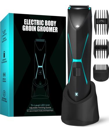 Groin Hair Trimmer for Men - Pubic Hair Trimmer Ball Trimmer for Men Replaceable Ceramic Blade Heads Type-C Rechargeable & Wireless Charging Male Hygiene Grooming Electric Razor Blue