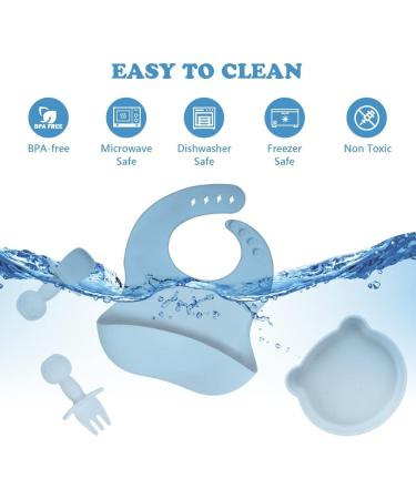 Vicloon Baby Weaning Set - 4 Pcs Silicone Feeding Set | BPA Free Suction Plate, Bib, Spoon, and Fork | Toddlers and Kids Plates | Blue Bear Sucker | Gift for Kids - Buy Online on GoSupps.com